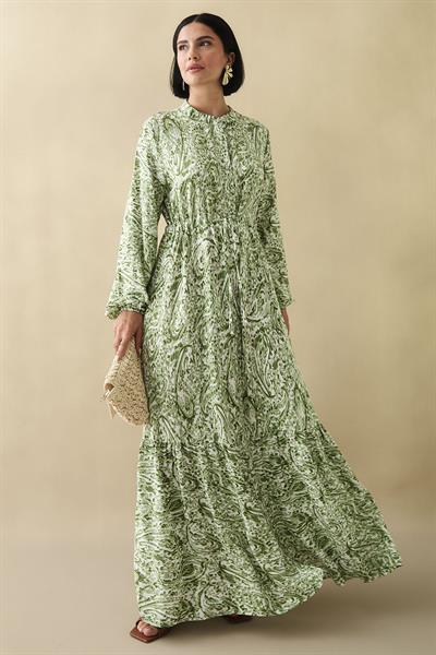 Karışık Retro Desen Viskon Fıstık Yeşili Elbise