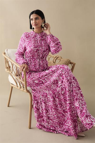 Karışık Retro Desen Viskon Fuşya Elbise