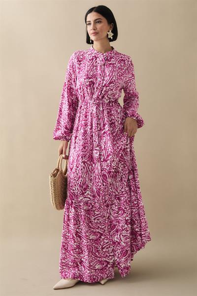 Karışık Retro Desen Viskon Fuşya Elbise