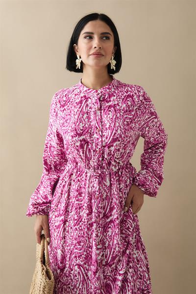 Karışık Retro Desen Viskon Fuşya Elbise