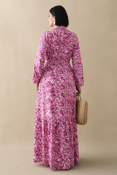 Karışık Retro Desen Viskon Fuşya Elbise