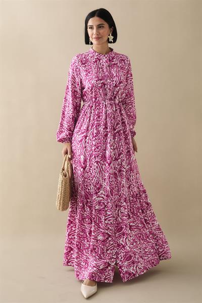 Karışık Retro Desen Viskon Fuşya Elbise