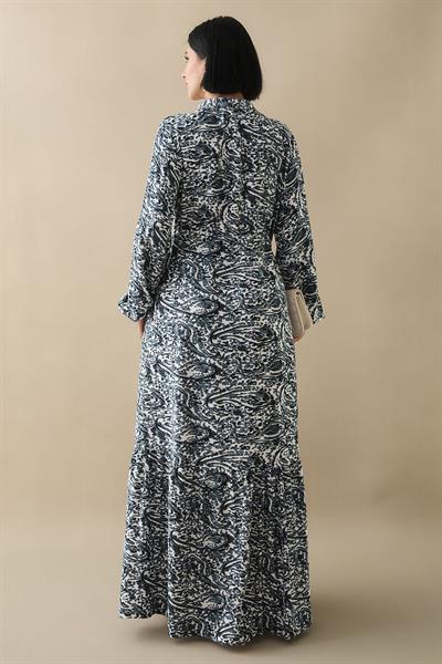 Karışık Retro Desen Viskon Gri Elbise