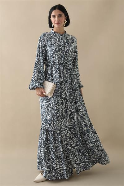 Karışık Retro Desen Viskon Gri Elbise