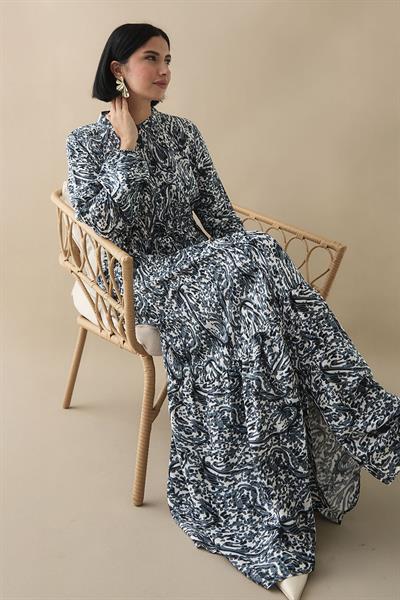 Karışık Retro Desen Viskon Gri Elbise