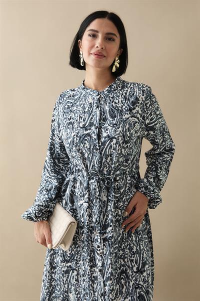 Karışık Retro Desen Viskon Gri Elbise