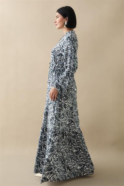 Karışık Retro Desen Viskon Gri Elbise