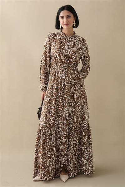 Karışık Retro Desen Viskon Sütlü Kahve Elbise