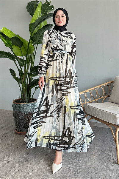 Karışık Şerit Desen Gri Şifon Elbise
