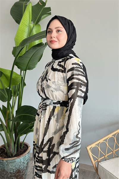 Karışık Şerit Desen Gri Şifon Elbise