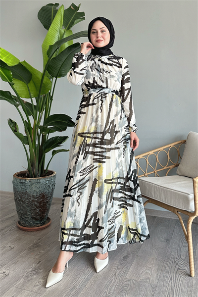 Karışık Şerit Desen Gri Şifon Elbise