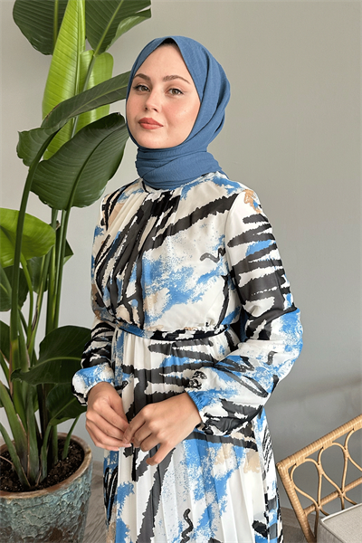 Karışık Şerit Desen Mavi Şifon Elbise