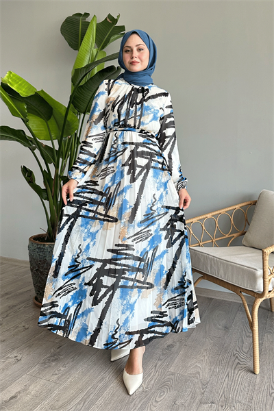 Karışık Şerit Desen Mavi Şifon Elbise