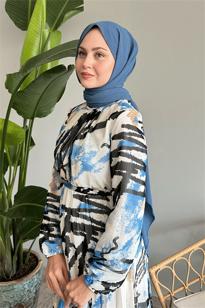 Karışık Şerit Desen Mavi Şifon Elbise