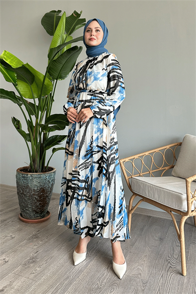 Karışık Şerit Desen Mavi Şifon Elbise