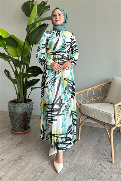 Karışık Şerit Desen Mint Şifon Elbise