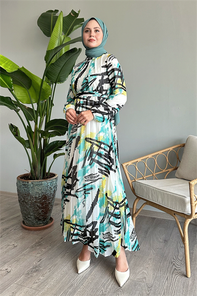 Karışık Şerit Desen Mint Şifon Elbise