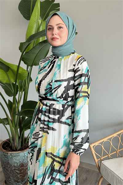Karışık Şerit Desen Mint Şifon Elbise