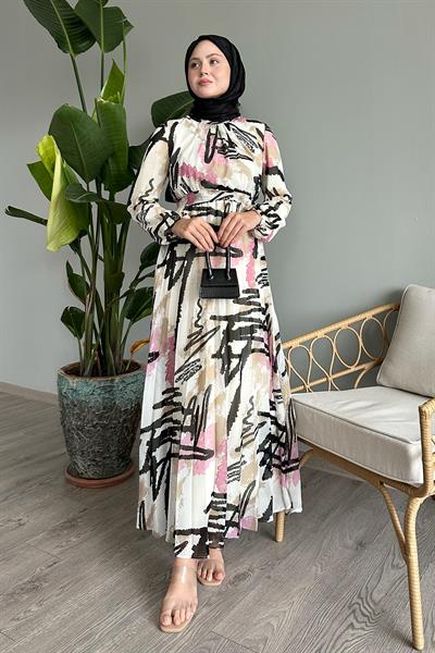 Karışık Şerit Desen Pembe Şifon Elbise