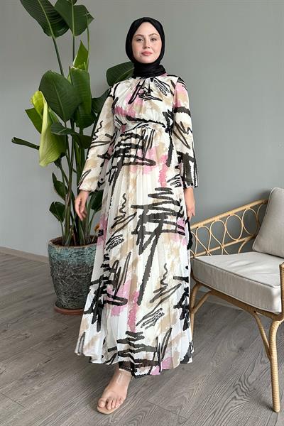Karışık Şerit Desen Pembe Şifon Elbise