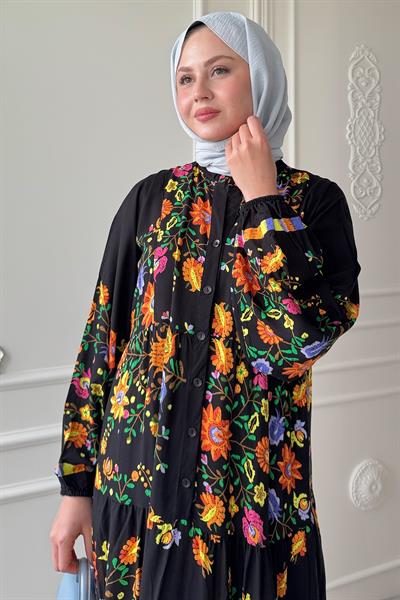 Karışık Tropikal Desen Siyah Viskon Elbise
