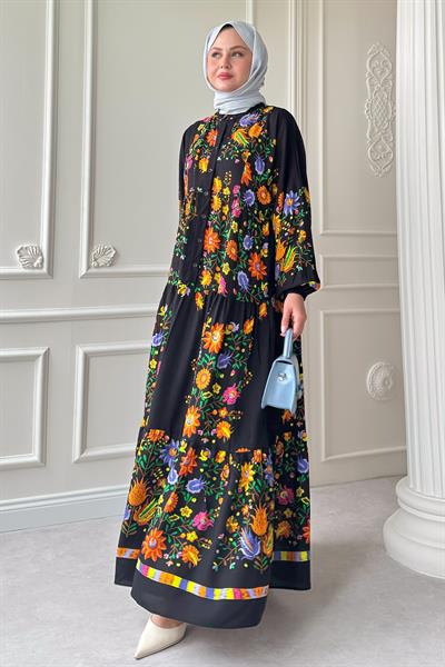 Karışık Tropikal Desen Siyah Viskon Elbise