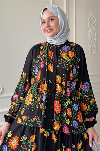 Karışık Tropikal Desen Siyah Viskon Elbise