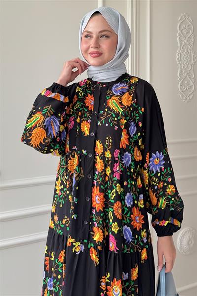 Karışık Tropikal Desen Siyah Viskon Elbise