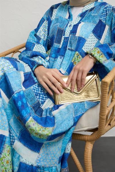 Karışık Yama Desen Mavi Salaş Elbise