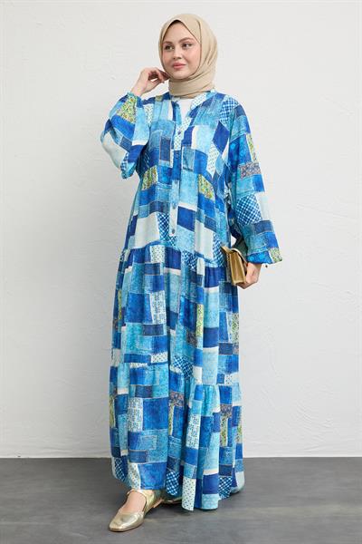 Karışık Yama Desen Mavi Salaş Elbise