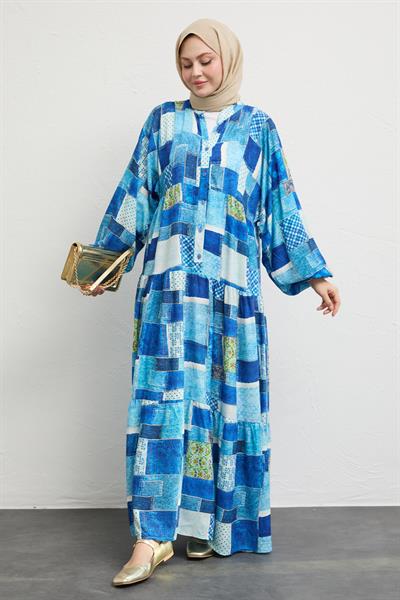 Karışık Yama Desen Mavi Salaş Elbise