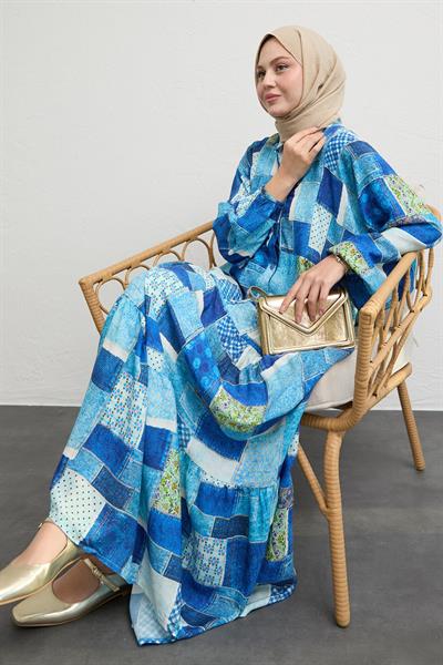 Karışık Yama Desen Mavi Salaş Elbise