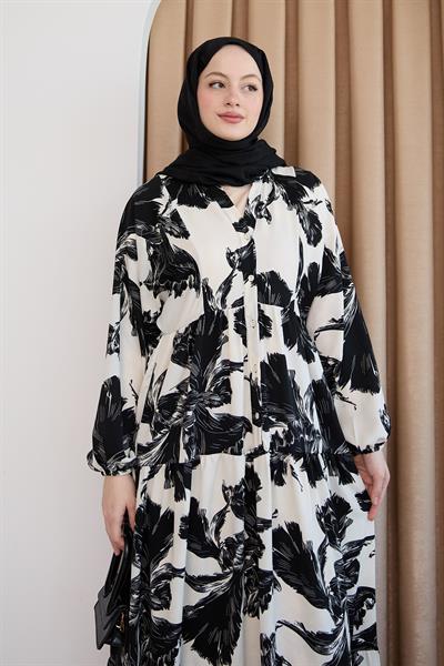 Karma Çiçek Desenli Beyaz Elbise