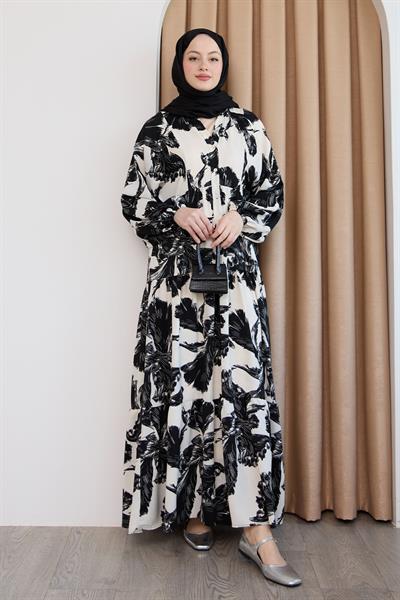 Karma Çiçek Desenli Beyaz Elbise