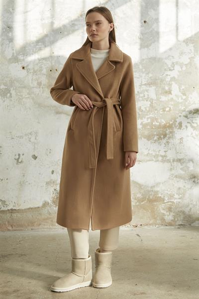 Kaşe Kuşaklı Astarlı Kaban - Camel