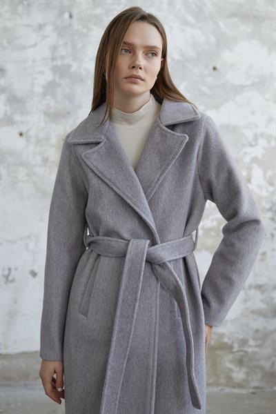 Kaşe Kuşaklı Astarlı Kaban - Gri