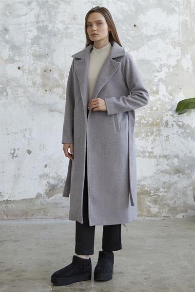 Kaşe Kuşaklı Astarlı Kaban - Gri