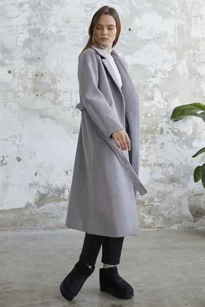 Kaşe Kuşaklı Astarlı Kaban - Gri