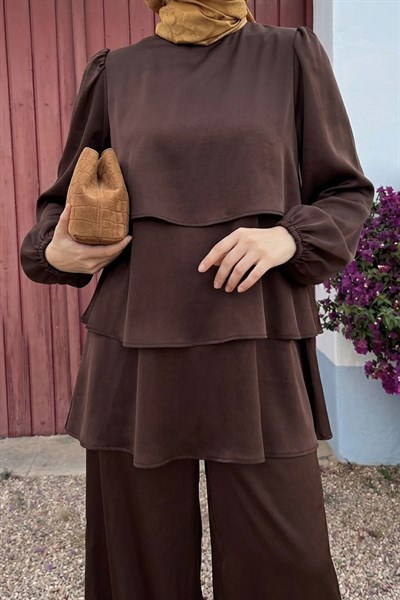 Katlı Saten Acı Kahve Krep Takım