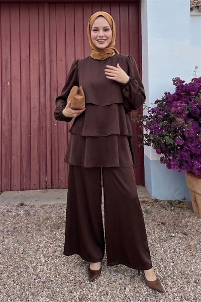 Katlı Saten Acı Kahve Krep Takım