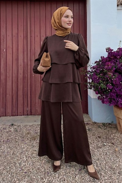 Katlı Saten Acı Kahve Krep Takım