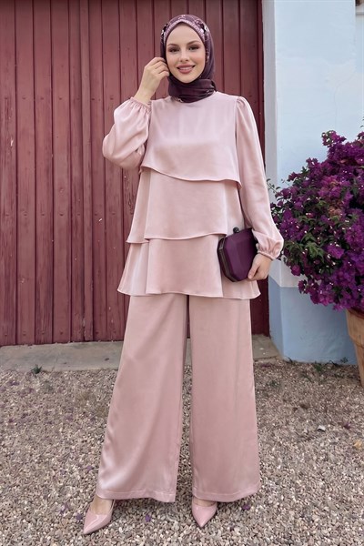 Katlı Saten Pudra Krep Takım