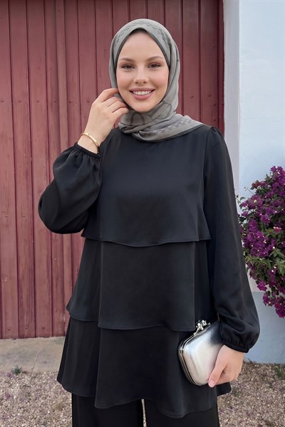 Katlı Saten Siyah Krep Takım