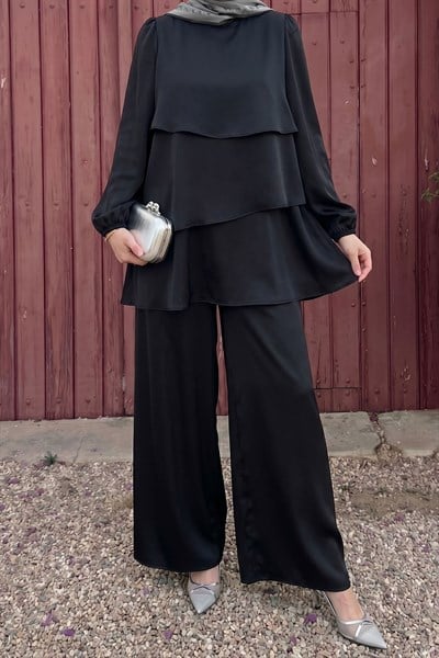 Katlı Saten Siyah Krep Takım
