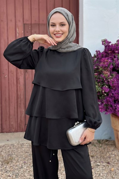 Katlı Saten Siyah Krep Takım
