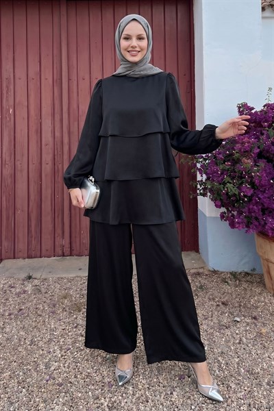 Katlı Saten Siyah Krep Takım