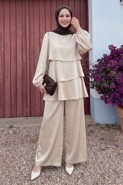 Katlı Saten Taş Krep Takım