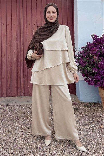 Katlı Saten Taş Krep Takım