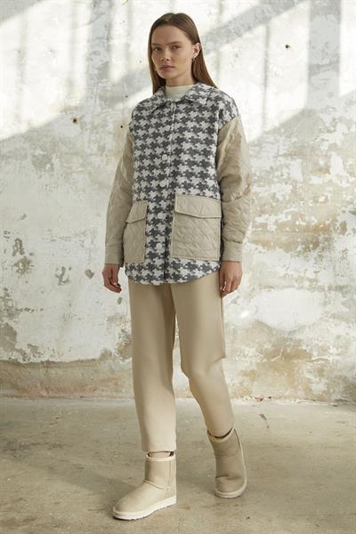 Kazayağı Desen Kapitone Gri Ceket