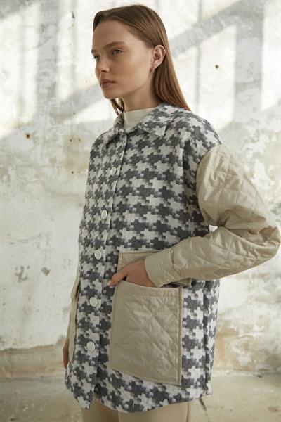 Kazayağı Desen Kapitone Gri Ceket